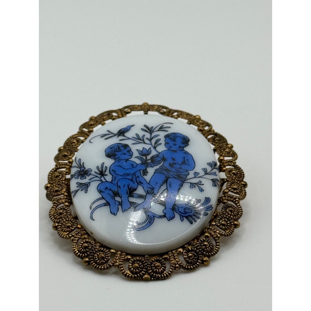 Vintage West Germany Brooch Blue and White Ceramic Cherub Pin - Picture 10 of 15